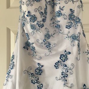 White with blue floral beading prom dress